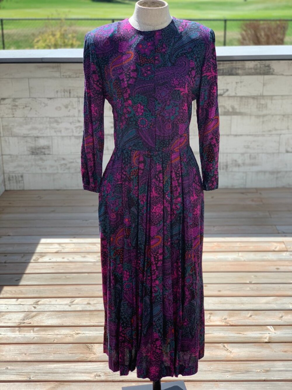 Vintage Paisley Maxi Midi Dress M Purple Pleated Long Puff Sleeve Pockets Modest